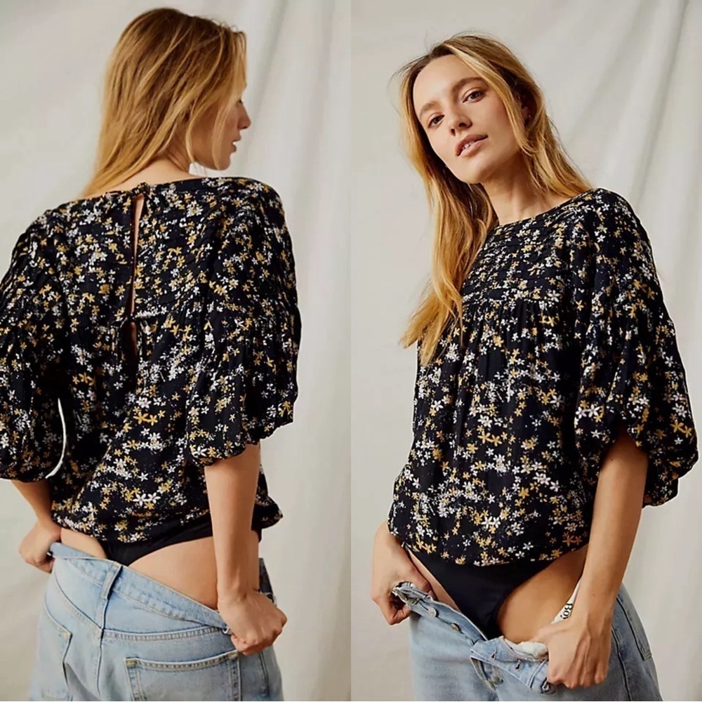Free People • Dessa Bodysuit blouse black floral pleated yellow white flowers